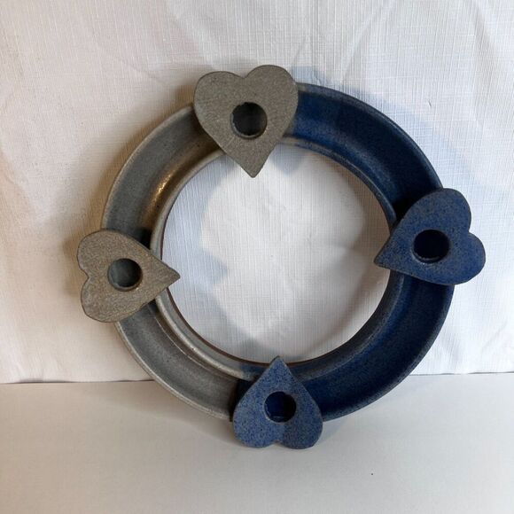 Handcrafted Pottery Ring w/ Four Heart Taper Candle Holders Two Tone Blue Decor - Picture 2 of 7
